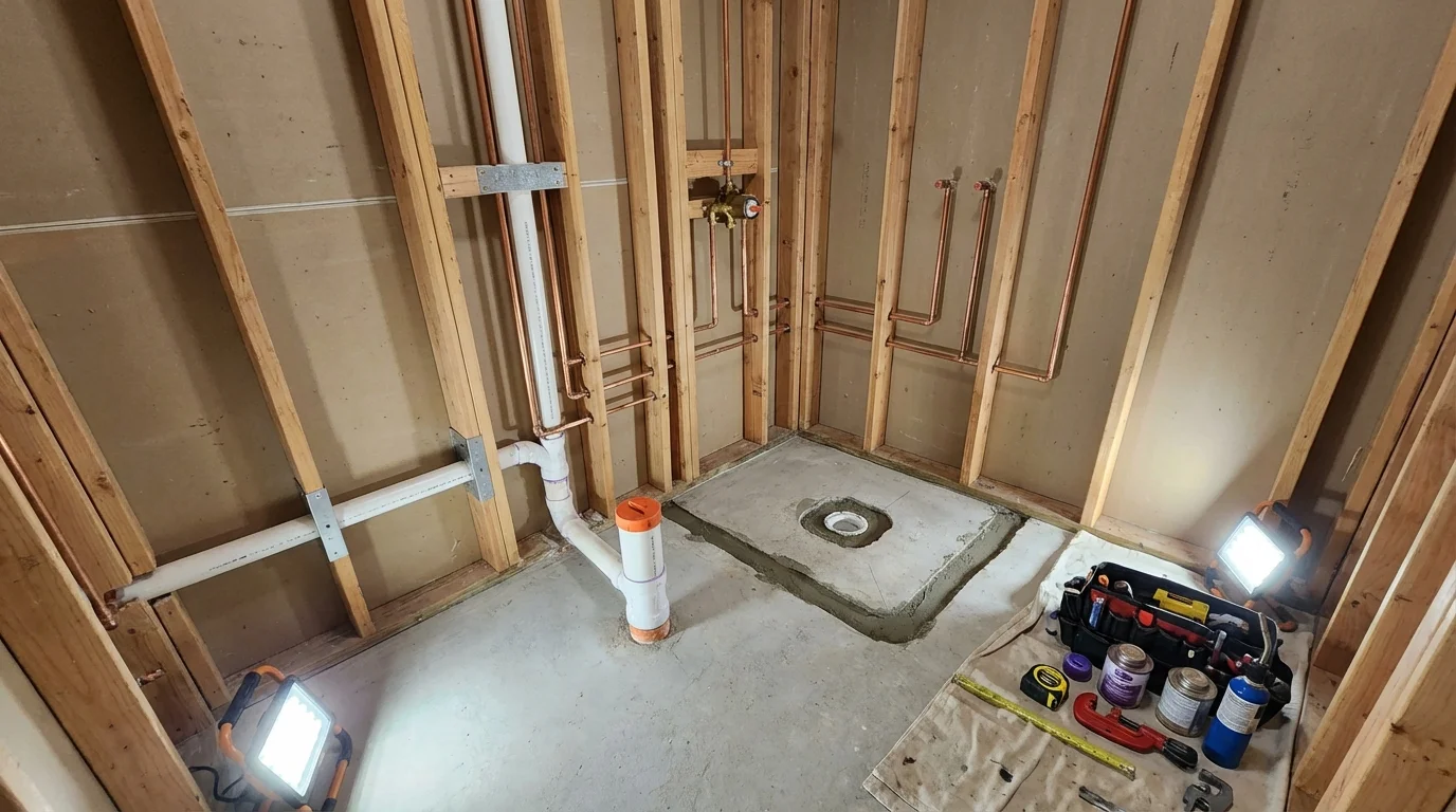 Bathroom rough-in plumbing during remodel by Johns Plumbing LLC in Tuckerton
