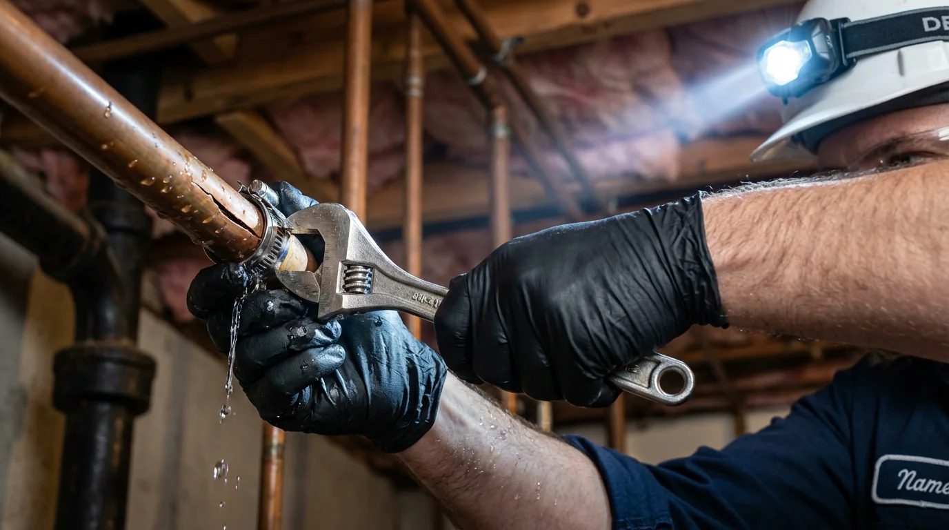 Emergency pipe clamp repair being performed by a Johns Plumbing LLC plumber in Tuckerton