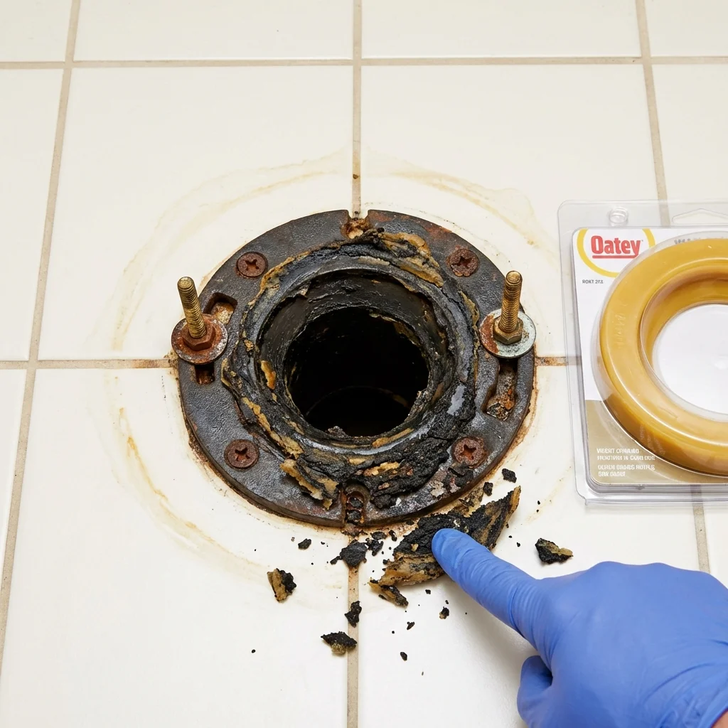 Failed wax ring showing water seepage at the base of a toilet in a Tuckerton, NJ home