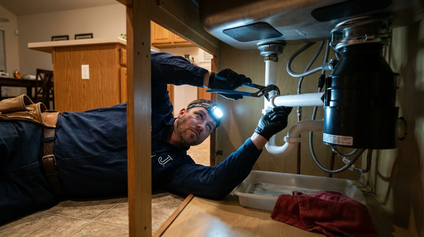 P-trap and supply line connections under a kitchen sink showing a common leak point in Tuckerton, NJ
